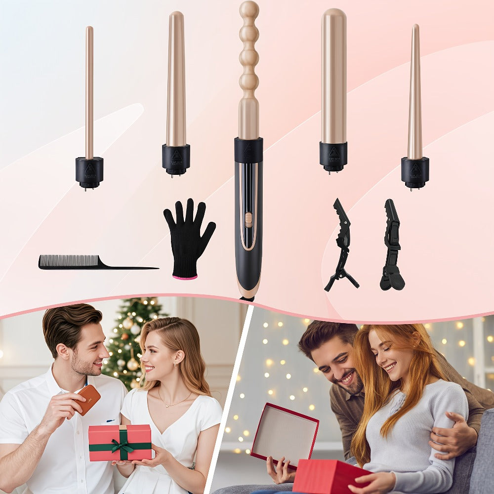 Hair Curling Wand 5in 1 Hair Curlers Iron Set 0.4" - 1.25" with 5 Ceramic Interchangeable Barrel for Long Short Hair Styling Tool for Women Gifts Birthday Christmas Thanksgiving Day New Year Festival Hairstylist Essentials Styler Fast Heat Brush