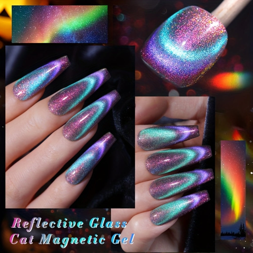 BORN PRETTY 0.34oz 6pcs Double Light Reflective Glass Cat Magnetic Gel Polish for Halloween Party Sparkling Rainbow Color Gel Soak Off