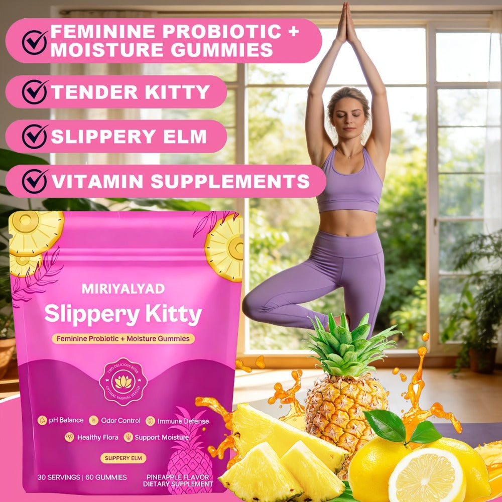 Slippery Kitty Feminine Probiotic Gummies-60 Count (30-Day Supply) | PH Balance, Odor Control & Moisture Support | Pineapple Flavor And Slippery Elm And Bacillus Coagulans | Vegan, Gluten-Free, Allergen-Free | Women'S Health | Local Warehouse|Gifts