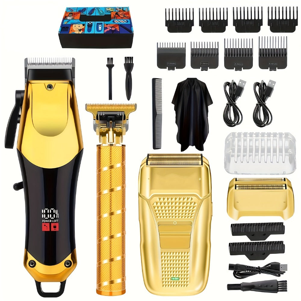 Golden Hair Cutting 1/3pcs Set, Men'S Grooming Kit. USB Rechargeable, LCD Display. Includes 1 Black And Golden Professional Hair Clipper + 1 Golden Men'S Razor + 1 Golden T-Blade Trimmer + 8 Guide Combs + 3 Cleaning Brushes + 1 Comb