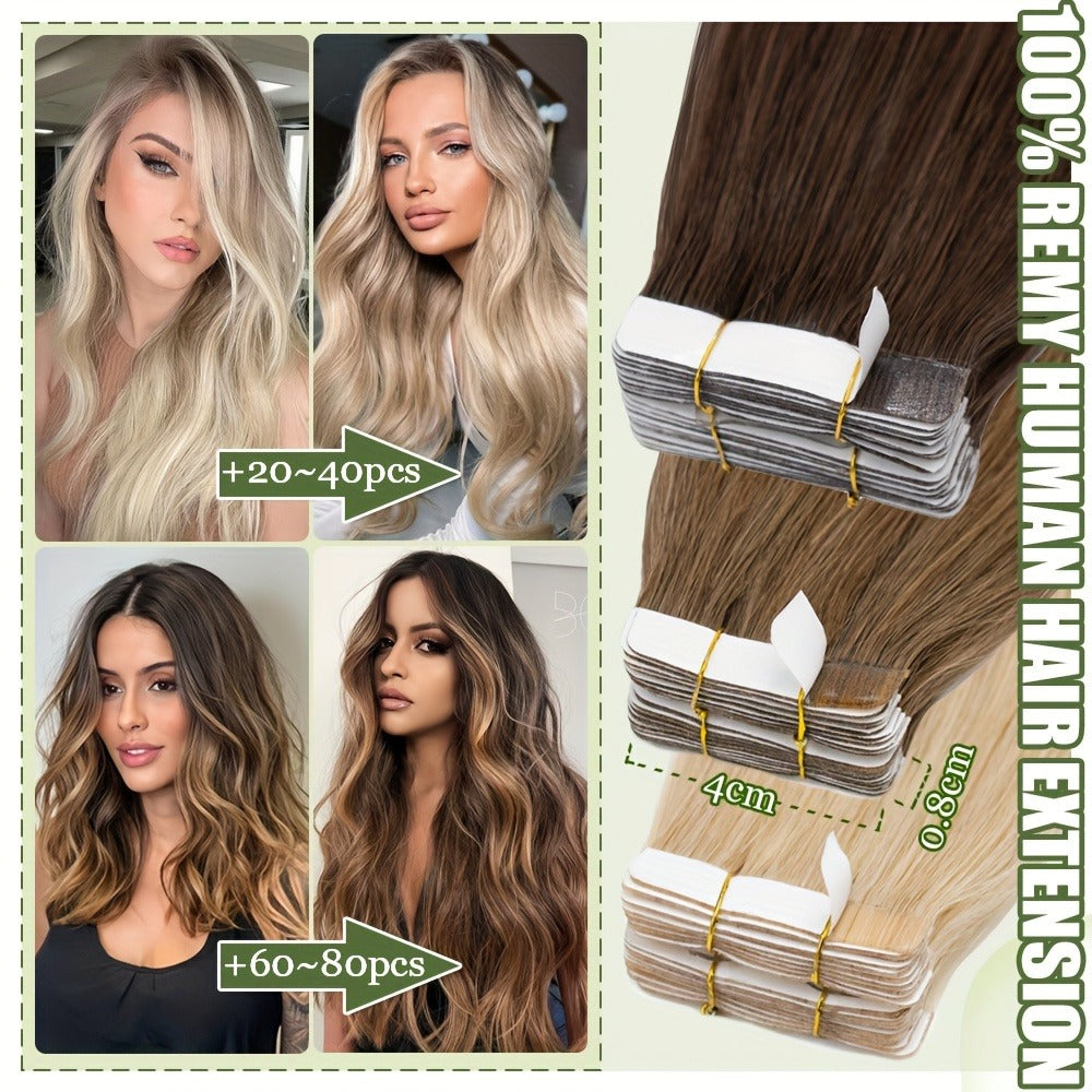 Tape In Hair Extensions Human Hair Brazilian Remy Straight - Invisible Seamless Weft 12-24 Inch Multi-Color Blonde Brown Ombre 10pcs