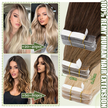 Tape In Hair Extensions Human Hair Brazilian Remy Straight - Invisible Seamless Weft 12-24 Inch Multi-Color Blonde Brown Ombre 10pcs