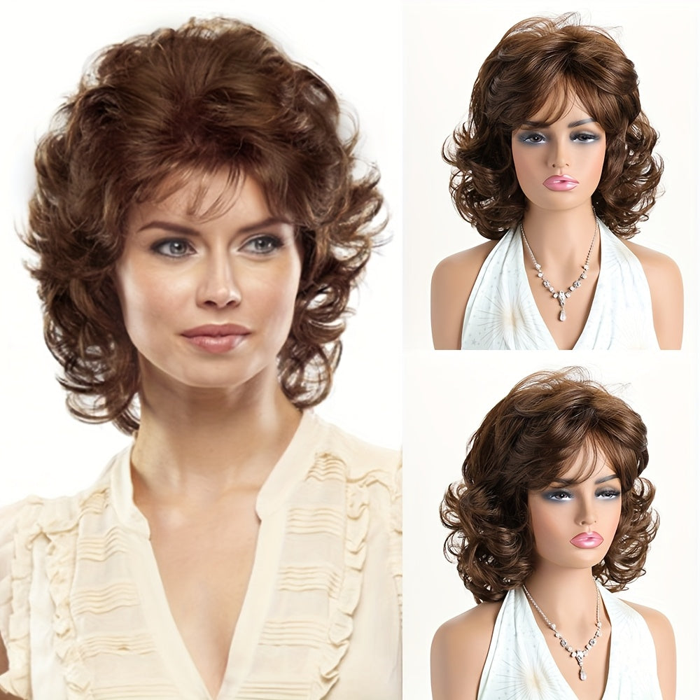 14 Inch Short Curly Hair Mixed With Grey And Slanted Bangs Wig, Made Of Elegant And Heat-resistant Synthetic Fiber Material For Women, Rose Net Wig Headband - Suitable For Daily Wear, Role-playing, Halloween Parties, Music Festivals, Weddings
