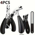 4pcs Stainless Steel Nail Care Kit for Inlaid And Thick Toenails - Heavy Duty Nail Cutter Set with Nail File - Classic Black Handle for Men, Women, Seniors