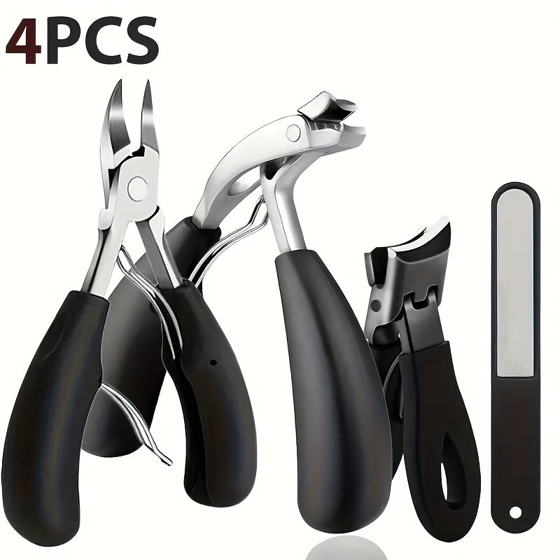 4pcs Stainless Steel Nail Care Kit for Inlaid And Thick Toenails - Heavy Duty Nail Cutter Set with Nail File - Classic Black Handle for Men, Women, Seniors