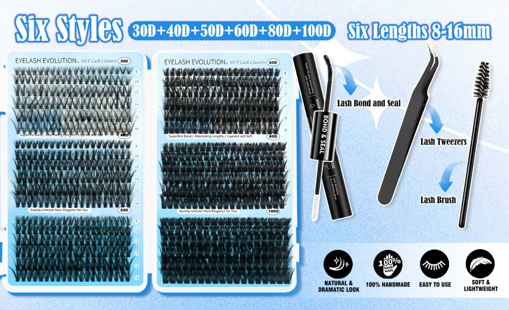 Lash Clusters Kit 720pcs Clusters Lash Extension Kit 30D-100D Eyelash Extensions Kits C Curl Individual Wispy Lashes Cluster Natural Eye Lash Trays With Glue&Tweezers For Beginners