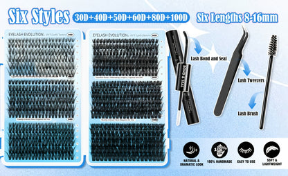 Lash Clusters Kit 720Pcs Individual Eyelash Extensions 30D 50D 80D 100D C Curl Wispy Cluster Lashes with Bond Glue & Tweezers DIY Lash Extension Kit for Beginners Natural Dramatic Eye Look