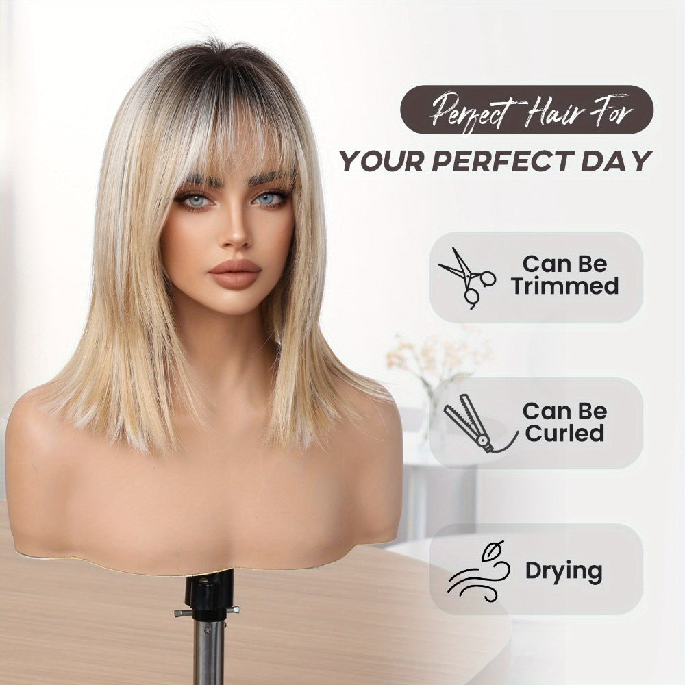 Platinum Blonde Wig with Bangs Synthetic Gradient White Golden Ombre Straight Wig 16 Inch Shoulder Length Heat Resistant Rose Net Cap for Women Daily Wear Cosplay