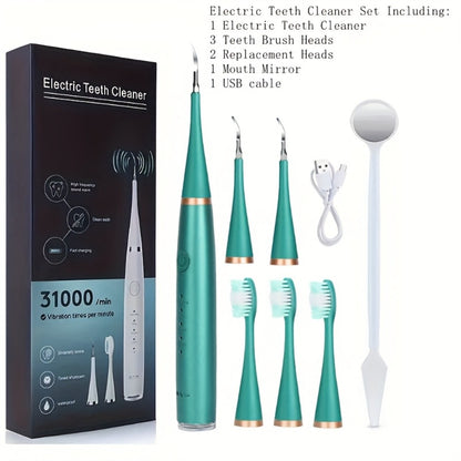 Electric Teeth Cleaner Kit USB Rechargeable 5 Cleaning Modes Dental Scaler Plaque Tartar Remover Gum Health Tool Holiday Gift Set for Family Friends Adults Black White Green