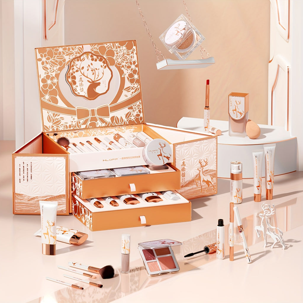 [Luxurious Gift Set] Luxurious All-in-One Makeup & Skincare Gift Set | Elegant Rose Golden Box with Deer Motif, Complete Cosmetic Kit for Beginners | Ideal Christmas or Valentine's Day Present for Women and Moms, Makeup Accessories