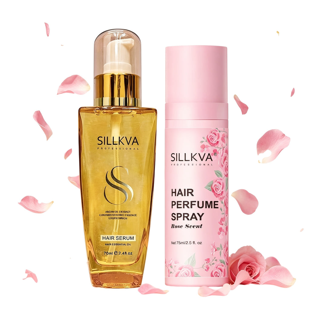 SILLKVA Moroccan Argan Revitalizing Penetrating Hair Oil + Rose Scented Hair Spray Set - A Hair Oil And Rose Essence Spray Specially Developed For Women. It Smooths, Moisturizes, And Strengthens Hair While Leaving A Long-lasting