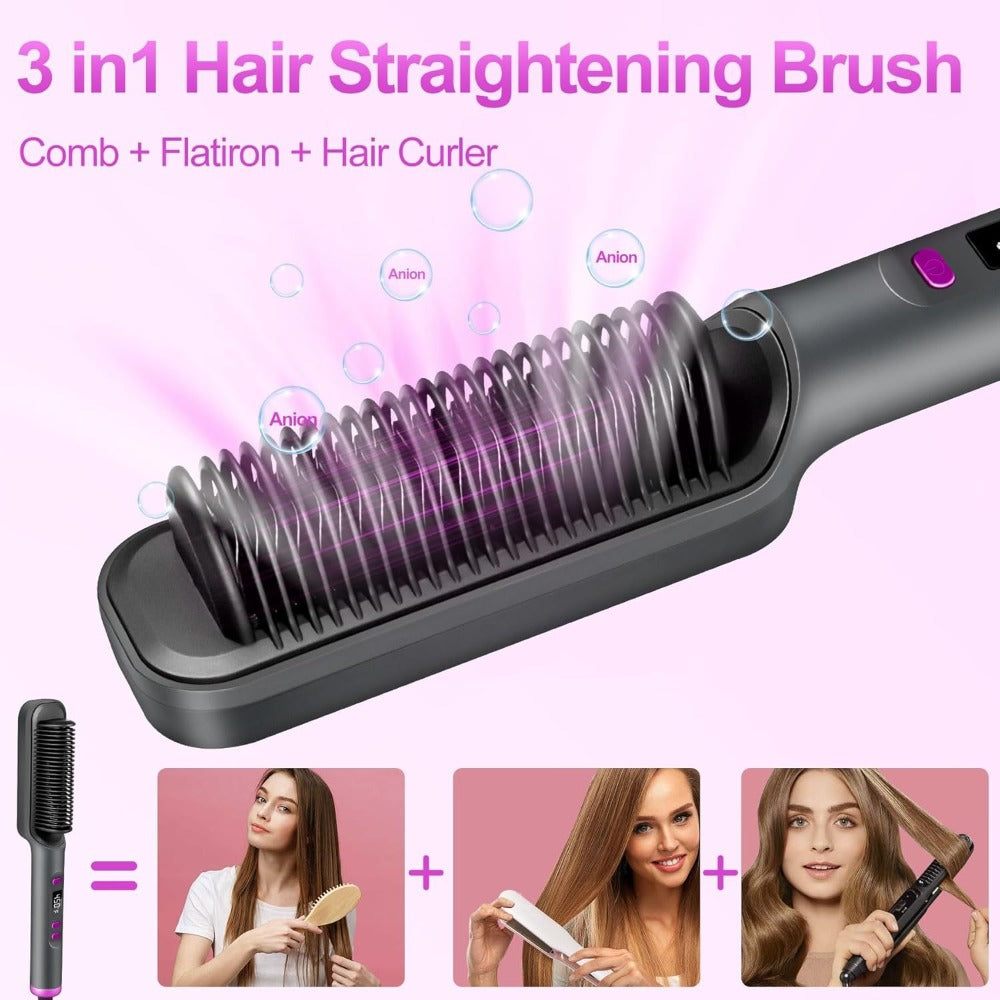 Hair Straightener Brush, 10s Fast Hair Straightener Comb Straightening Brush for Women, LCD Display, 5 Temps Flat Iron Brush, Anti-Scald (Includes Two Extra Clips And One Comb)