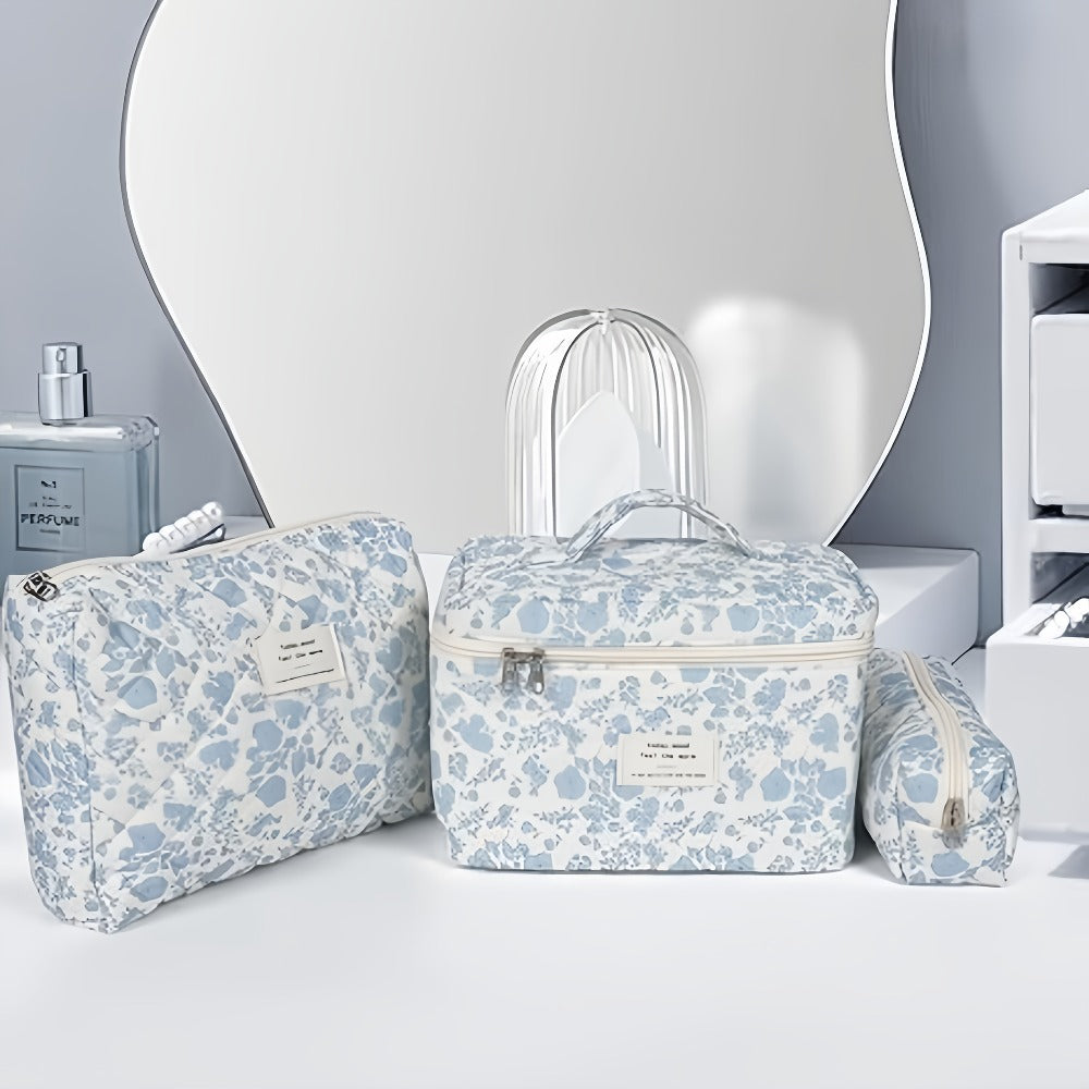 Large Capacity Floral Pattern Quilted Makeup Bag Set, 3 Counts Travel Cosmetic Bags, Stay Glam On-the-Go, Portable Zipper Makeup Organizer Pouches for Skincare, Cream, Lip Balm, Eyeliners, Makeup Tools, Makeup Container Set, Makeup Storage Organizer