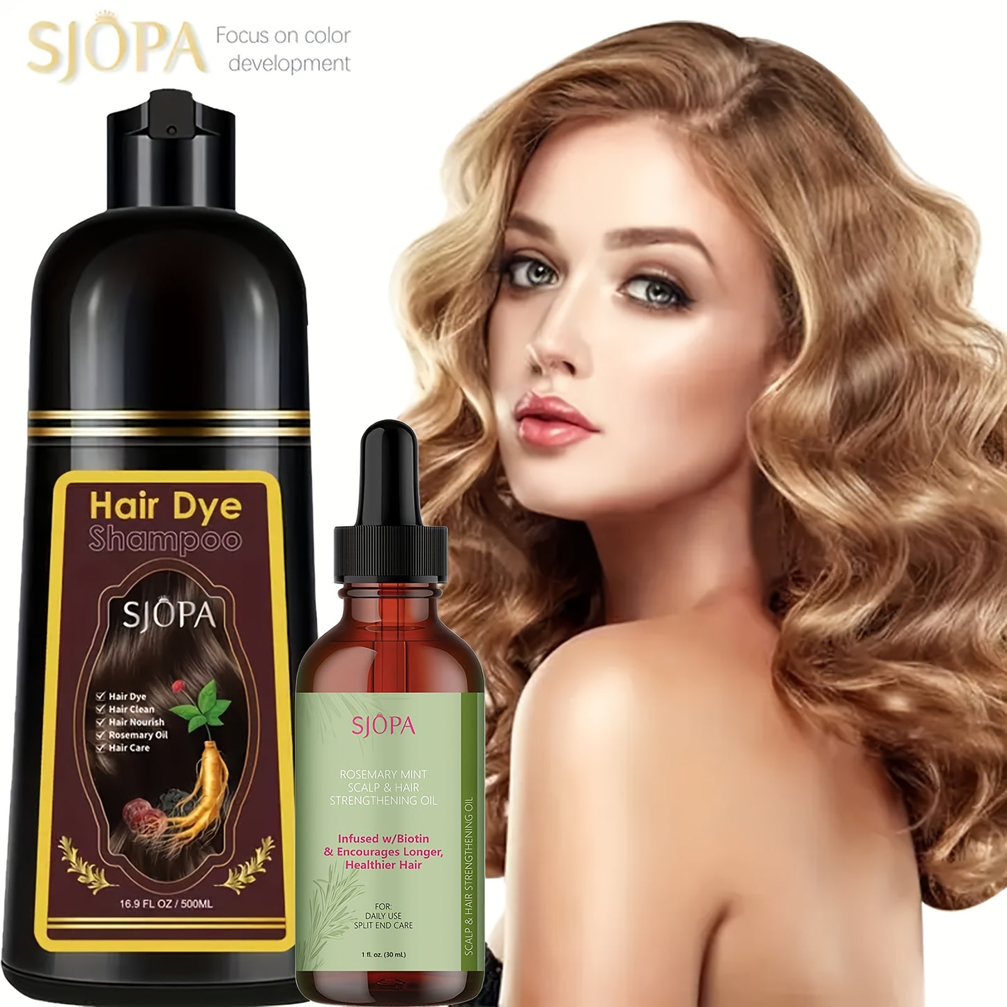 Hair Dye Kit 3-in-1 Color Shampoo with Rosemary Hair Oil - Natural Safe Formula Quick Coloring Gentle on Skin Unisex 500ml Black Brown Red Purple Silver Multi Color