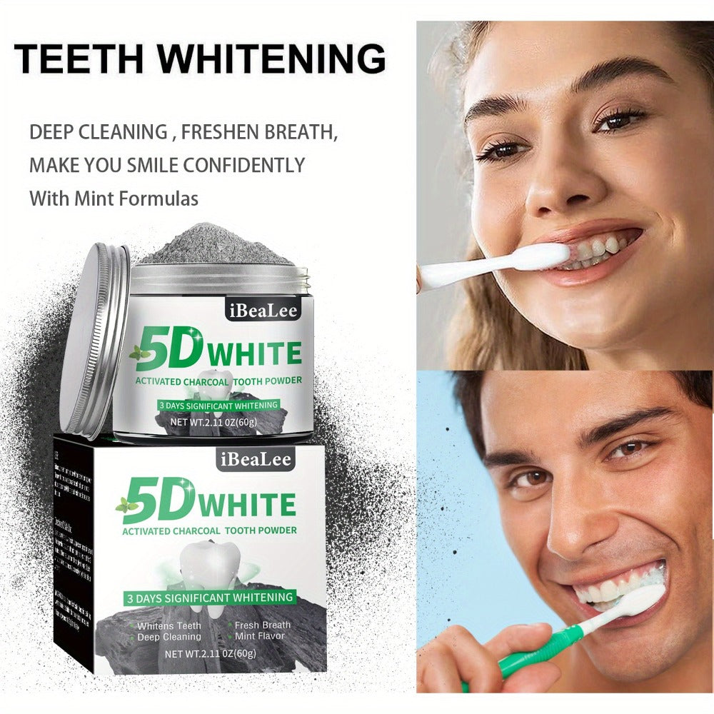 IBeaLee 5D White Activated Charcoal Teeth Powder - 3-Day Fast-Acting Stain Remover for Coffee & Tea, Natural Breath Freshener & Deep Cleaner, with Daily Use for Men & Women, Daily Dental Care, Polished Finish, Brightening Effect