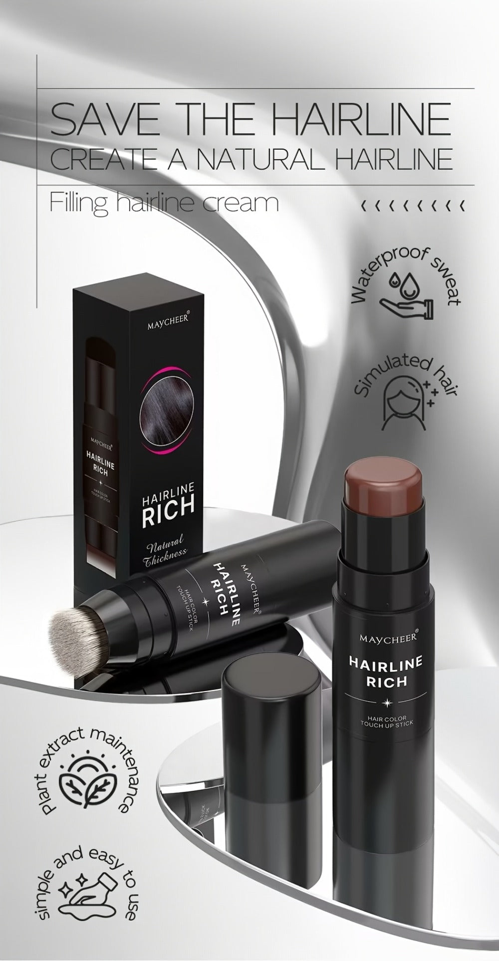 Hair Color Pen Root Touch-Up Stick with Brush | Waterproof Temporary Gray & White Hair Coverage | Plant Squalane Formula | Fast Seamless Application | 3 Shades