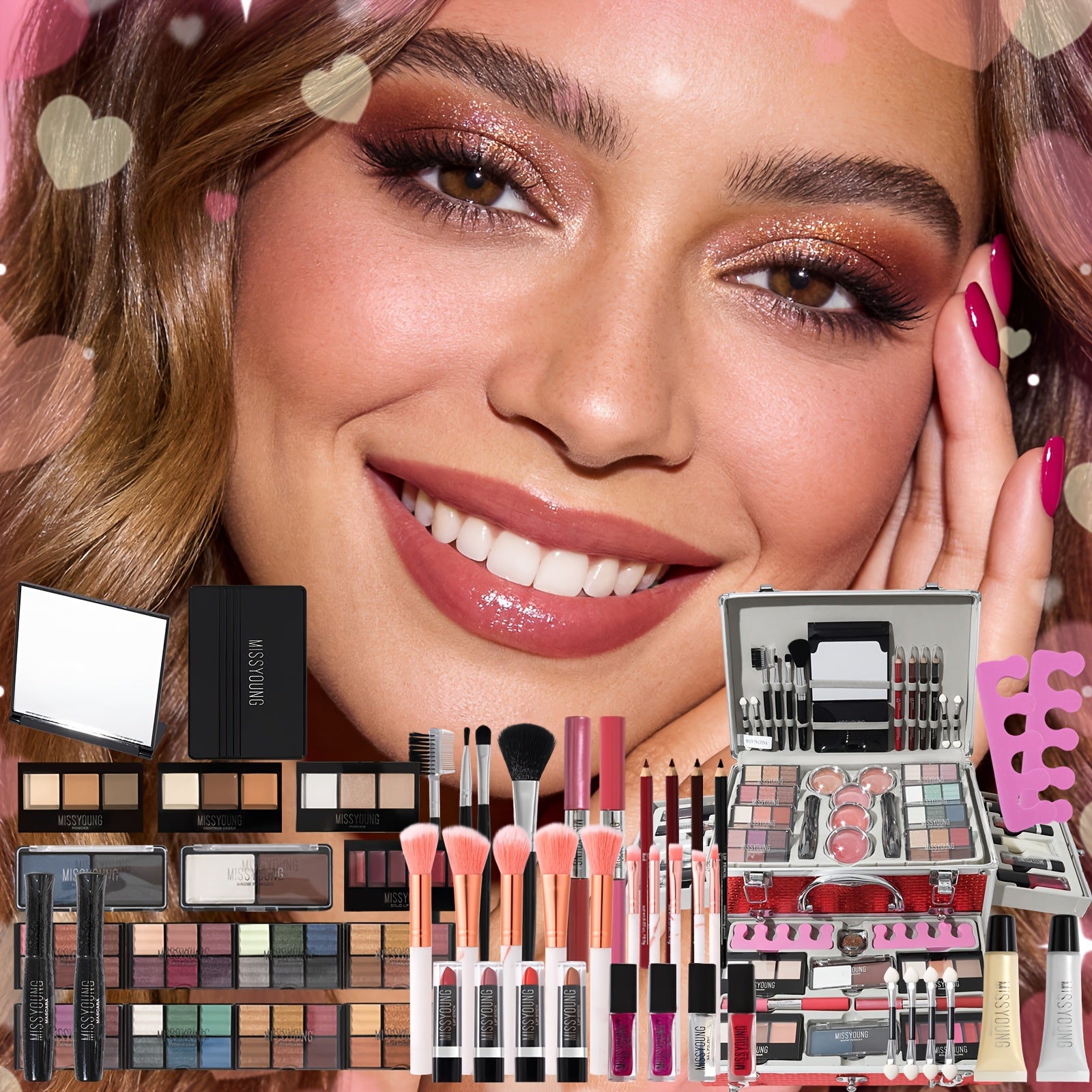 All-In-One Makeup Kit Aluminum Travel Case Full Set Eyeshadow Blush Lipstick Foundation Eyeliner Mascara Brush Set with Mirror Christmas Independence Day Halloween Birthday Gift for Women Girls Beginners