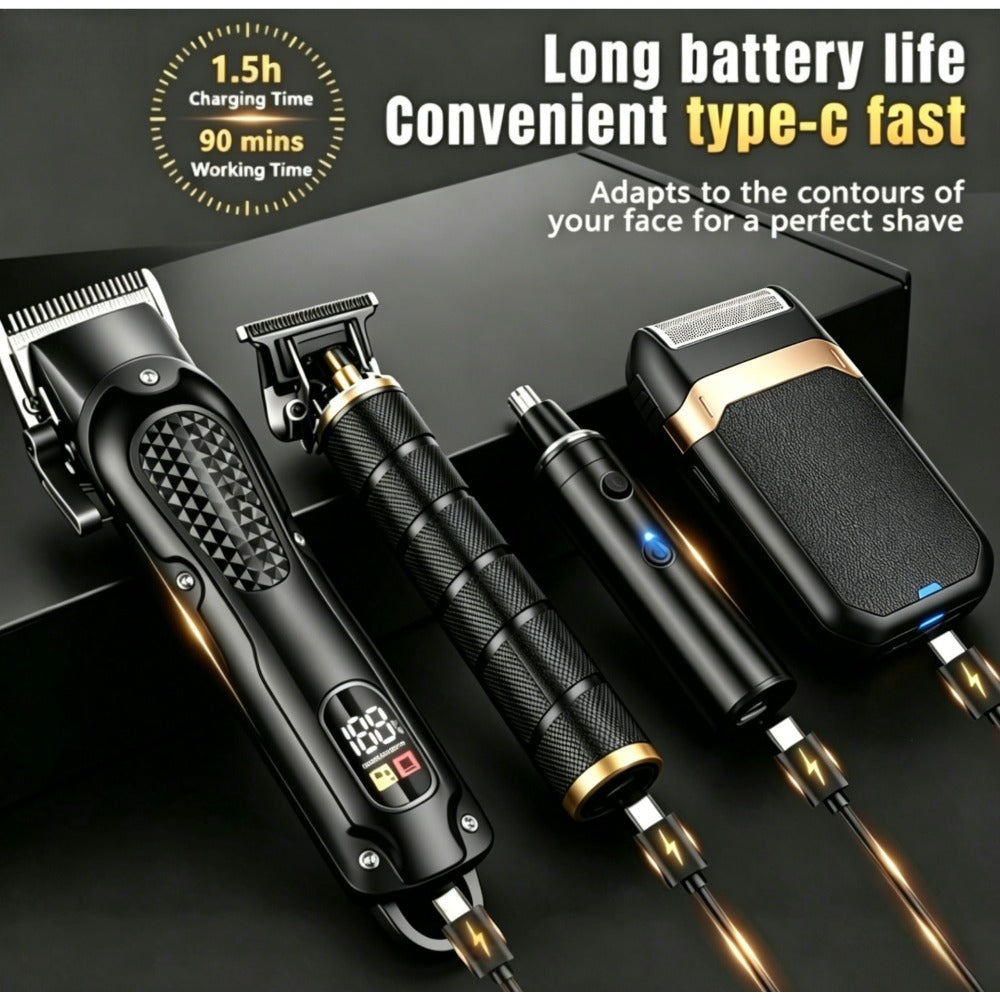 [USB Rechargeable] Professional Men's Grooming Kit, Rechargeable Hair Clipper And Beard Trimmer Set with Guide Combs, Nose Trimmer, Electric Shaver, USB Charging Cable, Haircut And Styling Tool for Men