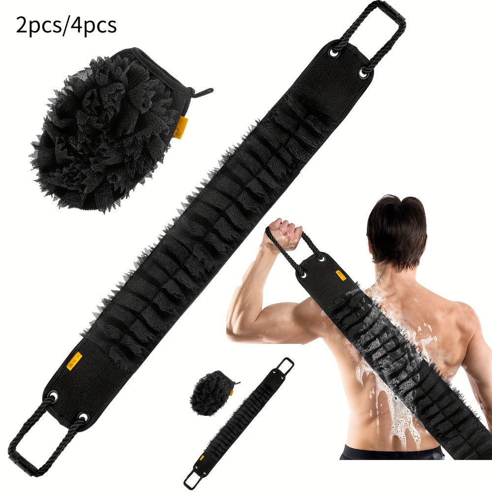 Exfoliating Back Scrubber & Body Scrub Towel Set 2pc & 4pc - Dual-Sided 36" Back Brush with Non-Slip Handles & Bath Glove for Deep Cleansing, Skin Exfoliation & Shower Spa