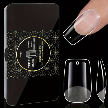 Soft Gel Nail Tips 600 Pieces - Clear Crystal Full Cover False Nails for Extensions | Almond Oval Square Coffin Stiletto Short Medium Long, Semi-Gloss Transparent Nail Tips for Nail Art Salon & DIY