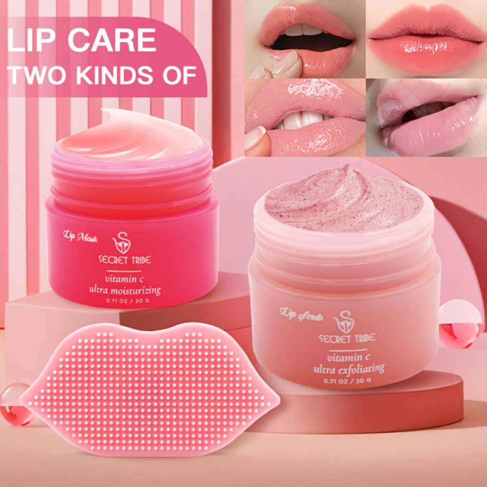 Three-Piece Lip Care Set from Secret Tribe: Includes Lip Balm, Exfoliating Scrub, And Lip Brush for Hydration, Exfoliation, And Enhancing Lip Color, Ideal for Skincare Enthusiasts with Natural Ingredients And Gentle Exfoliation