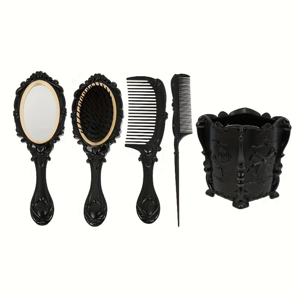 Black Mirror Comb Set, Scalp Massage Hairbrush with Mirror, Retro Hair Comb, Makeup Hair Comb