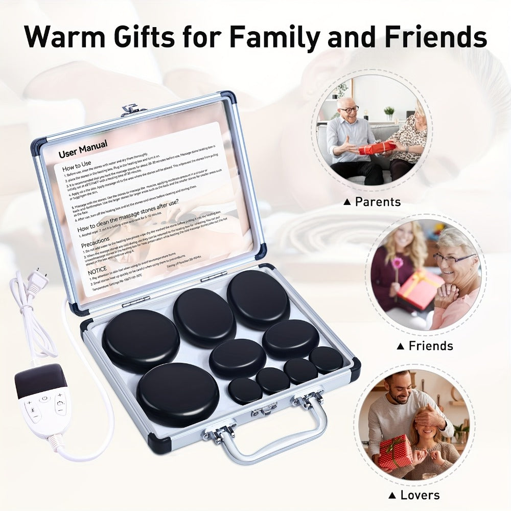Hot Stone Massage Kit with Temperature Adjustment - 10pcs Hot Stone with Heater Kit, Professional Spa Massage Tool -Suitable for Neck, Abdomen, Back, Legs And Full Body Massage.