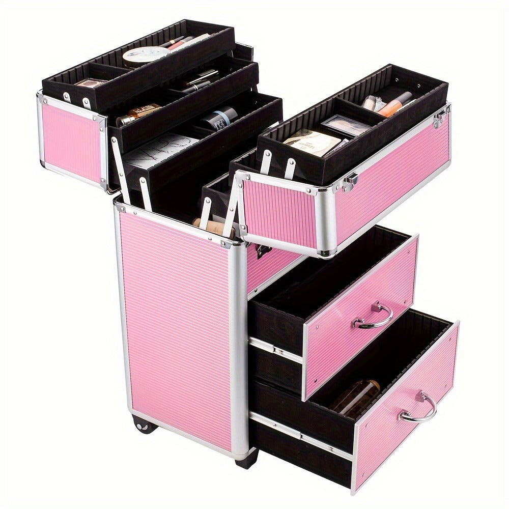4 Tier Lockable Cosmetic Makeup Train Case with Extendable Trays for Lab Pink