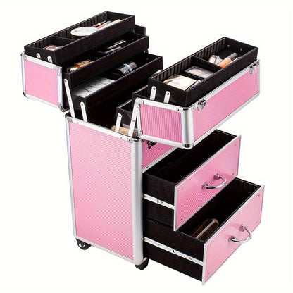 Aluminum Makeup Train Case Lockable with Extendable Trays Multi-Tier Professional Cosmetic Case with Lock Pink Rose Portable Salon Travel Makeup Organizer