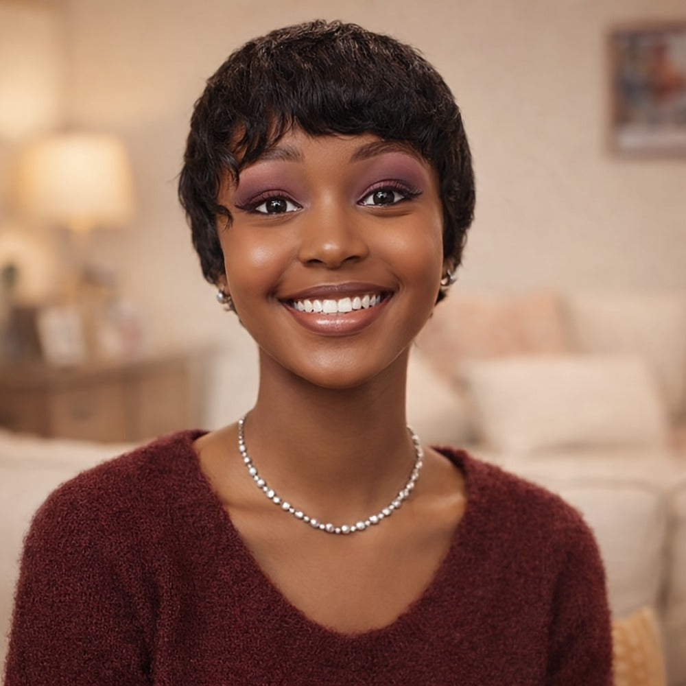 1pc Women'S Short Pixie Cut Wig - 150% Density Brazilian Human Hair, Basics Style Straight, Machine Made Rose Net Cap, Easy to Wear for Beginners