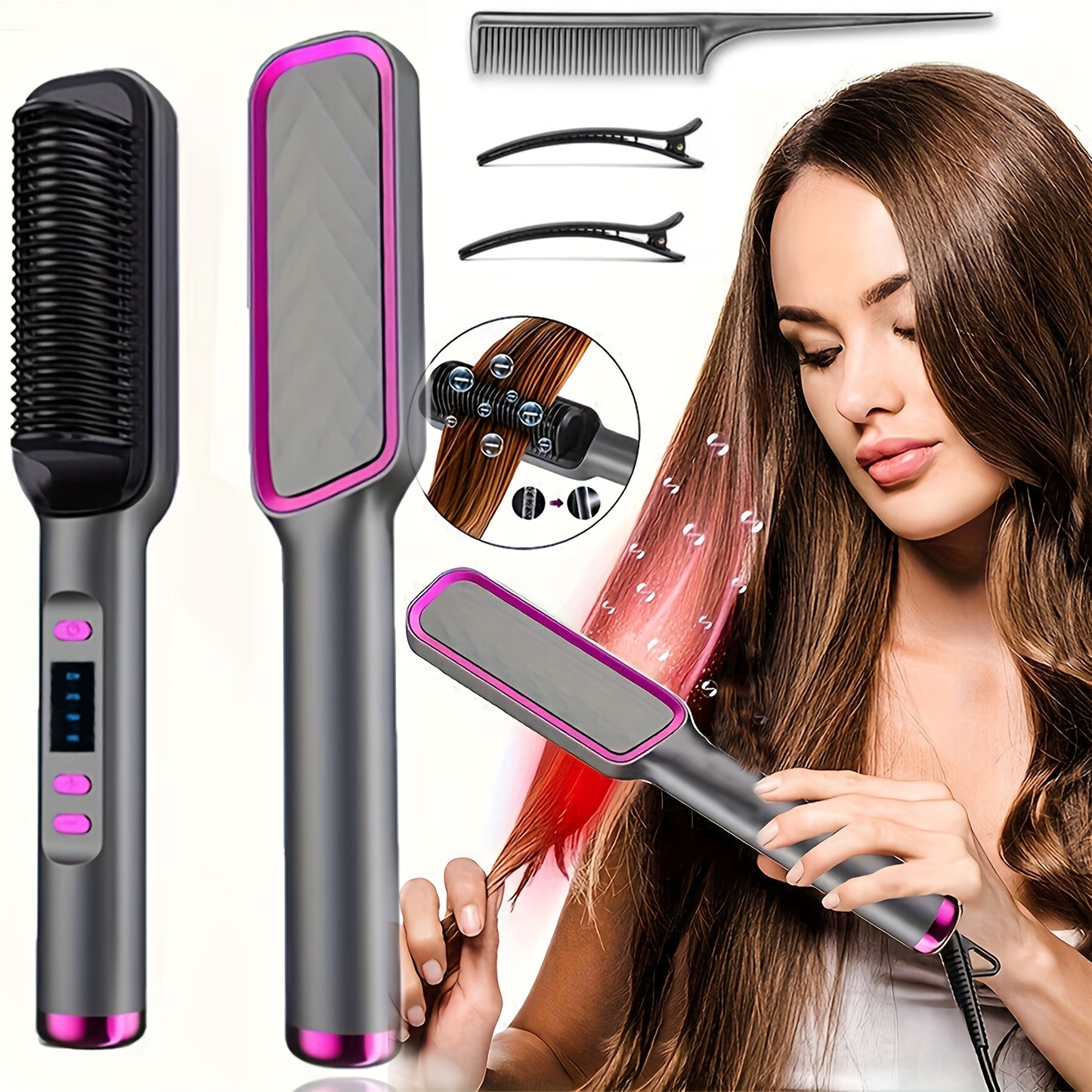Hair Straightener Brush 2 in 1 Electric Straightening Comb Wet Dry Use Multi-Temp Settings Fast Heat Volumizing Styling Tool for Women All Hair Types Purple Pink White Grey