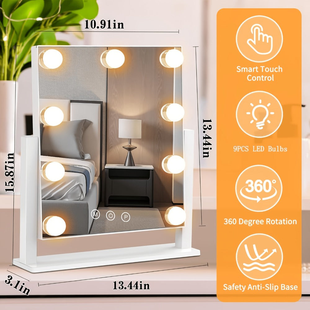 9-Light Magnetic Makeup Mirror with 5X Magnifying Lens - Smart Touch Control, 3 Lighting Modes (Daylight/Warm /Cool), 360° Rotating Vanity Mirror Suitable for Women' Birthday/Holiday Gift, Hollywood Lighting Mirror