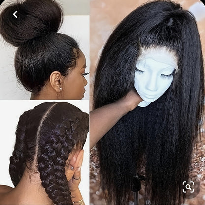 Kinky Straight Wig Lace Front Synthetic 26 Inch Black Yaki Texture HD Lace Glueless Pre Plucked Hairline Heat Resistant 160°C Adjustable Cap for Women Beginner Friendly