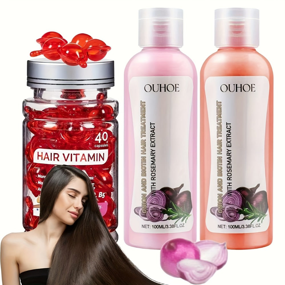 1Set Onion Biotin And Rosemary Shampoo And Conditioner Set And Hair Vitamin Serum Capsule, No Rinse with Moroccan Macadamia Moisturizing Oil Capsules with Avocado Oils