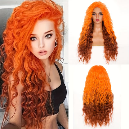 Ombre Curly Wig Long Wavy Synthetic Wig Women 30 Inch Middle Part Dark Roots Ash Blonde Brown Gradient Orange Natural Look Party Halloween Daily Wear