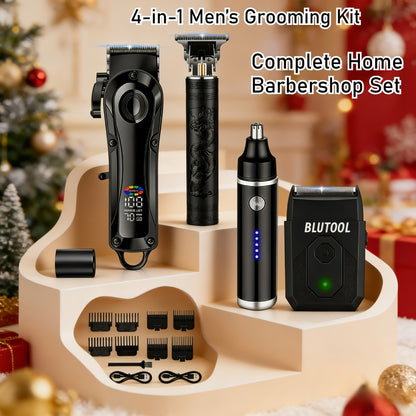 Professional Barber Clipper & Trimmer Set 4-Piece — Hair Clipper, Nose Hair Trimmer & Detail Trimmer with Guide Comb, LED Display, USB Rechargeable, Home & Travel Grooming Gift for Men