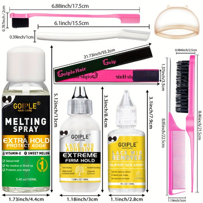 Lace Wig Glue Kit 10pcs Melting Spray Adhesive Remover Strong Hold Quick Dry No Residue for Beginners Wig Fixing Trimming Essential Tool Set