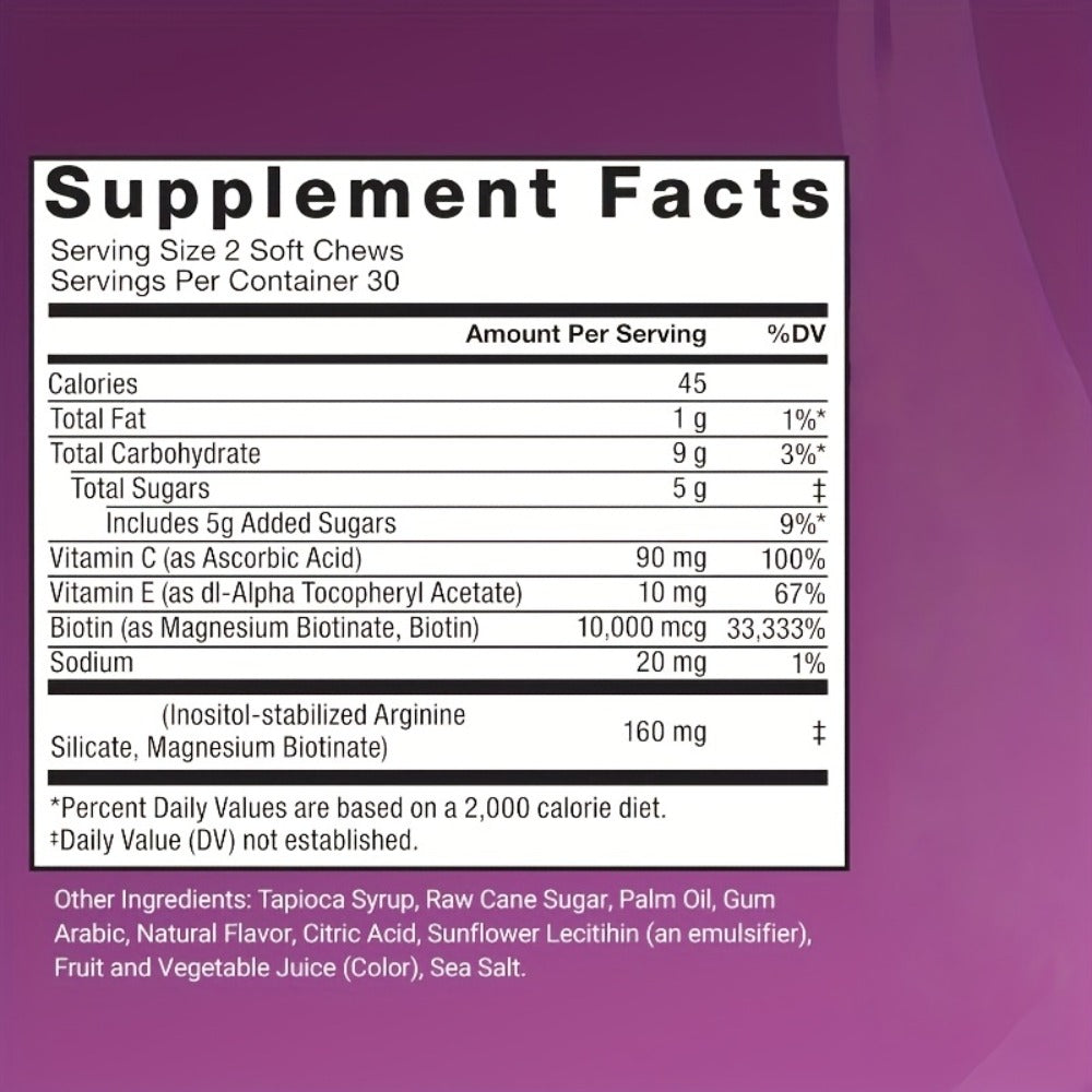 [Hair Gummies 60 Chews] MONTUE Biotin Hair Gummies for Hair Care, Daily Hair Nourishment Supplement with Arginine, Vitamin C & Vitamin E, Mixed Berry Flavor, 60 Soft Chews