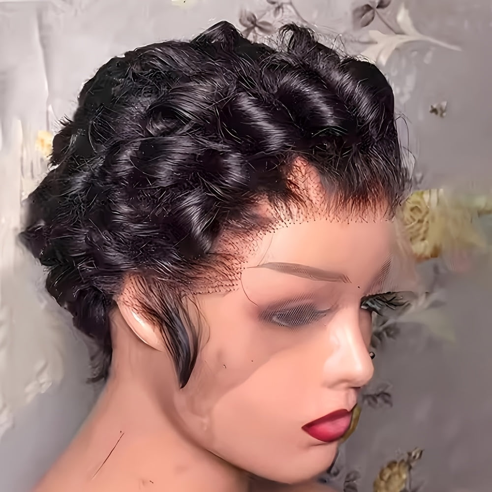 [Lace Front Pixie Wig] Curly Wavy 13x4 Lace Front Pixie Cut Wigs Real Human Hair Body Wave Short Wig, 13x4 HD Lace Frontal Wig Pre Plucked Elegant Loose Deep Curly Wave Pixie Cut Finger Wavy Mommy Wigs