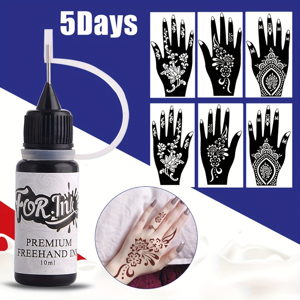 Temporary Tattoo Kit Freehand Ink Semi Permanent Tattoo Jagua Gel Free Stencils Fake Freckles Temp Tattoos for Women Men - Full Kit 3 Bottles (2 Bottles Brown, 1 Bottle Red Color ) for Weddings, Valentine'S Day