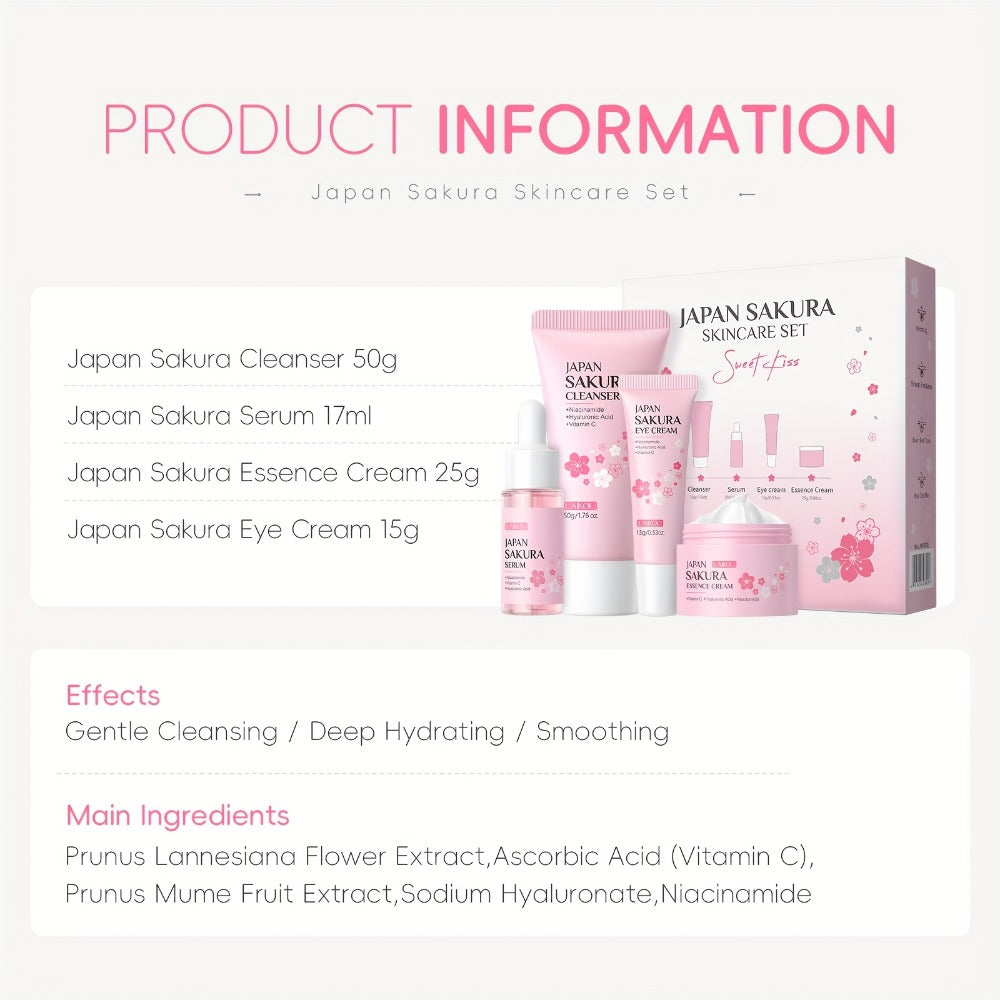 LAIKOU Sakura Gift Box 4pcs Skincare Set, Serum 0.59Fl.Oz, Skin Moisturizer 0.88Oz, Eye Cream 0.53Oz, Soft Foam Facial Wash 1.76Oz, Mother'S Day Gift Set, for Uneven Complexion