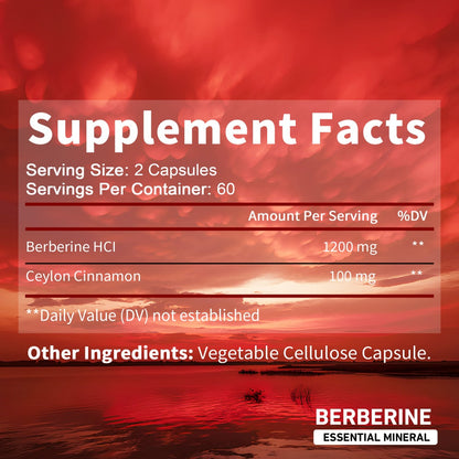 Berberine + Ceylon Cinnamon Supplement 120 Capsules – Support Healthy Cholesterol, Blood Sugar & Heart Health | Berberine HCl Dietary Supplement for Women & Men