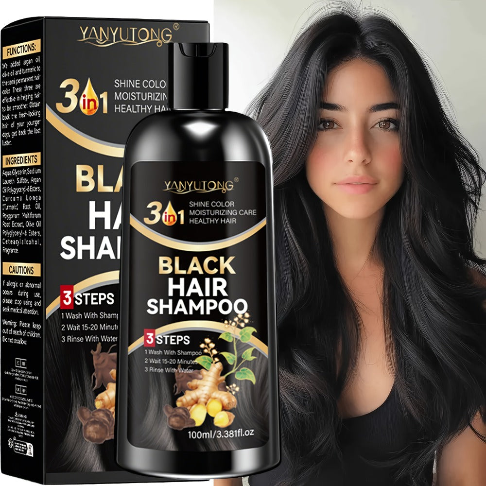 Black Hair Dye Shampoo with Polygonum Multiflorum & Ginger Extract — Instant Gray Coverage, Gentle Non-Damaging Plant-Based Formula, Long-Lasting Color, Unisex, 3.38 oz / 100ml
