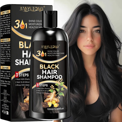 Black Hair Dye Shampoo with Polygonum Multiflorum & Ginger Extract — Instant Gray Coverage, Gentle Non-Damaging Plant-Based Formula, Long-Lasting Color, Unisex, 3.38 oz / 100ml