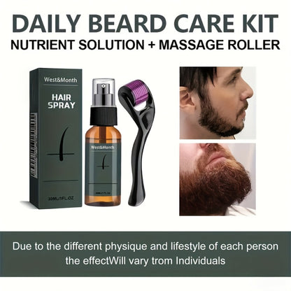 Beard Growth Spray Set with Derma Roller - 30ml Ginseng & Ginger Extract Beard Moisturizer Kit, Microneedle Roller 0.25mm for Men's Beard Care & Grooming