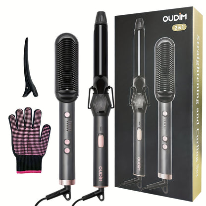 Hair Straightener & Curling Iron Set for Women – Flat Iron Straightening Brush, Anti-Scald, Precise Temperature Control, Auto Shut-Off, Home Office Travel & Birthday Gift