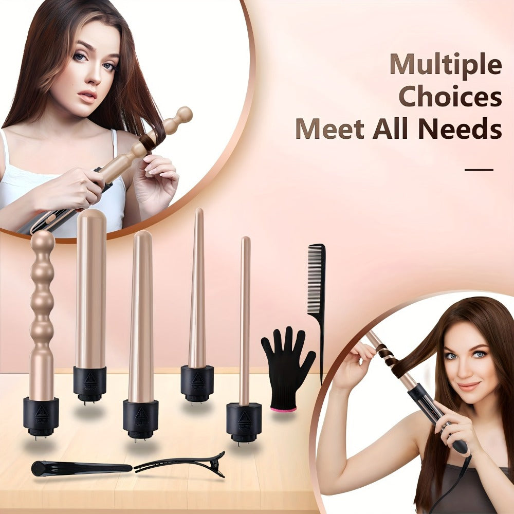 Hair Curling Wand 5in 1 Hair Curlers Iron Set 0.4" - 1.25" with 5 Ceramic Interchangeable Barrel for Long Short Hair Styling Tool for Women Gifts Birthday Christmas Thanksgiving Day New Year Festival Hairstylist Essentials Styler Fast Heat Brush