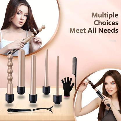 Curling Wand Set 5-in-1 — Ceramic Interchangeable Barrels 0.4”–1.25”, 30s Fast Heat, Dual Voltage Hair Curler Iron for Women, Long & Short Hair Styling with Heat-Resistant Glove