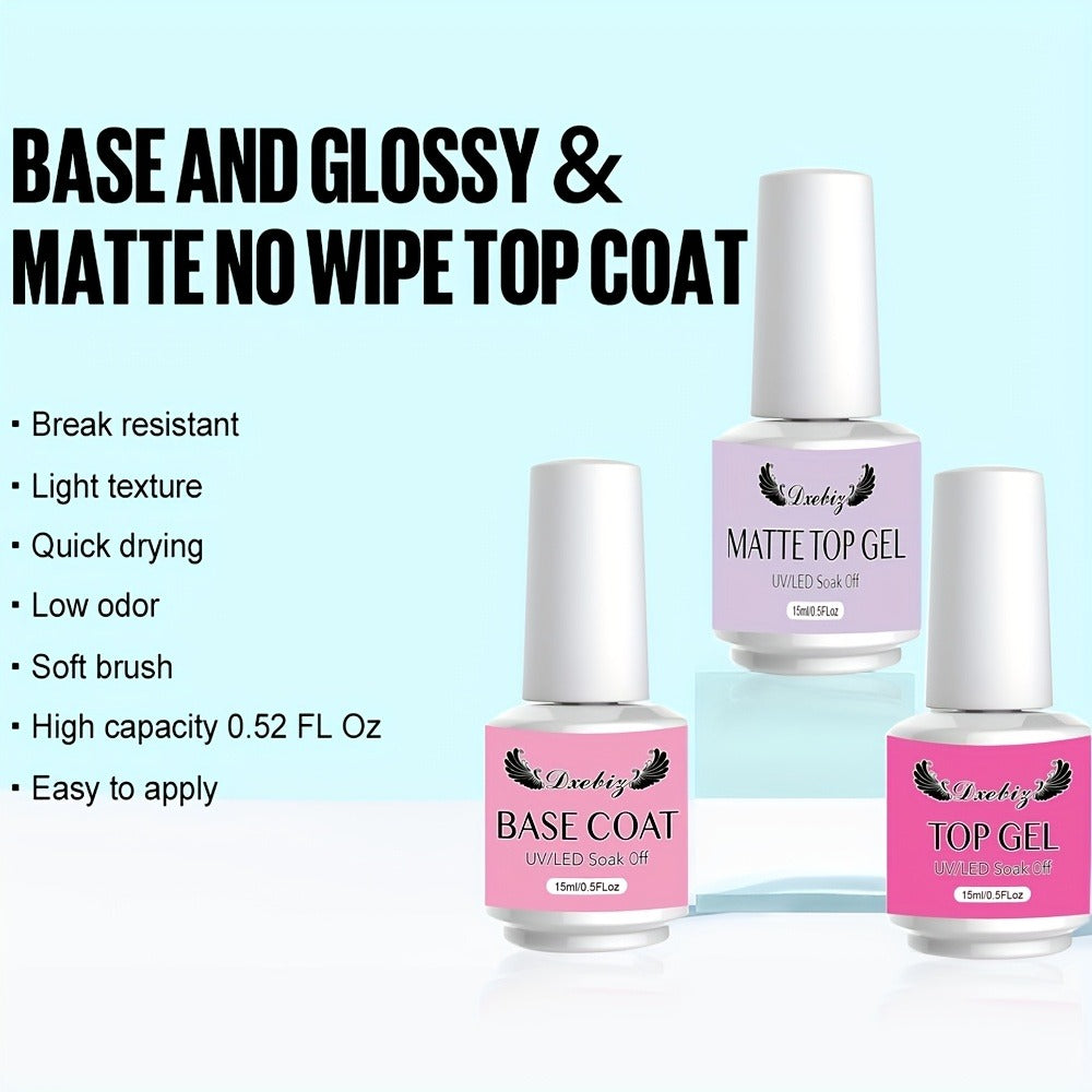 Gel Polish Base Coat Set, 3pcs 0.51oz Base Gel And No-Wipe Gel Top Coat Matte Coat, Long-Lasting Shine, Soakable LED Nail Lamp Gel Polish Nail Art Designs Women's Nail Art Gift