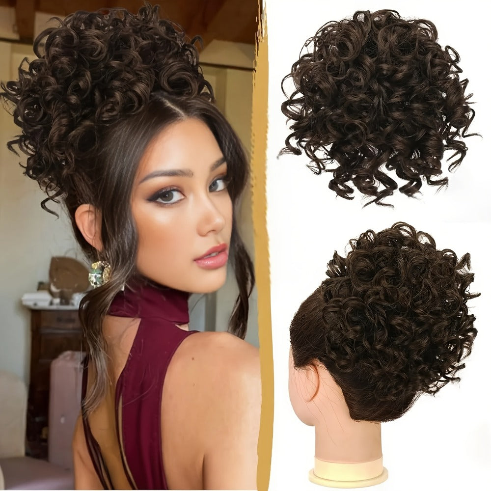 Messy Bun Hairpiece Drawstring Loose Curly Clip In Hair Extension Scrunchie Fake Bun Ponytail Updo Women 10 Inch Thick Voluminous Brown Dark Blonde All Hair Types